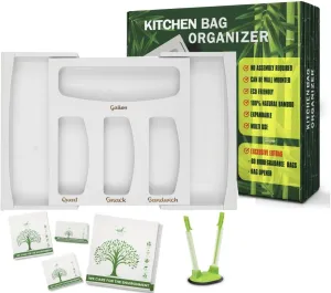 Sandwich Bag Organizer For Drawer - 6 in 1 Bamboo Foil and Baggie Storage Organizer - No Assembly Required - Includes 60 Eco Bags & Baggie Holder - Suitable for Wall & Drawer Storage