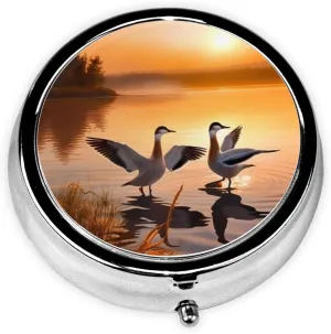 Seagulls by The Lake in The Sunset Pill Box Round Pill Case for Pocket Purse 3 Compartment Medicine Pill Organizer Cute Portable Travel Pillbox Vitamin Cod Liver Oil Storage Box Unique Gift Organizer
