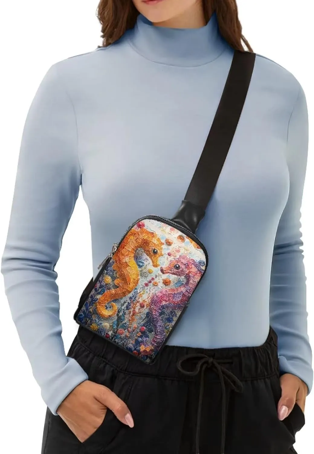 Seahorse Painting Sling Bag for Women Crossbody Bag Vegan PU Leather, Ocean Creature Painted Travel Purse Small Fanny Pack Adjustable Waist Bag