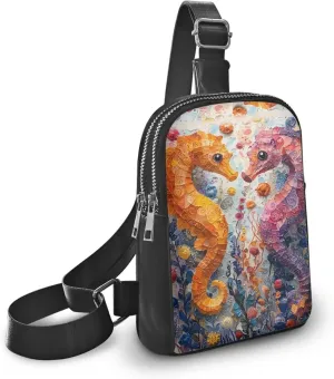 Seahorse Painting Sling Bag for Women Crossbody Bag Vegan PU Leather, Ocean Creature Painted Travel Purse Small Fanny Pack Adjustable Waist Bag