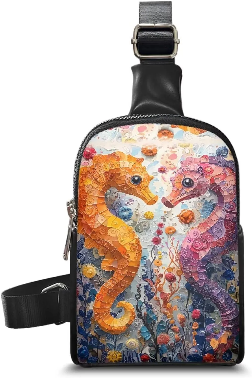 Seahorse Painting Sling Bag for Women Crossbody Bag Vegan PU Leather, Ocean Creature Painted Travel Purse Small Fanny Pack Adjustable Waist Bag
