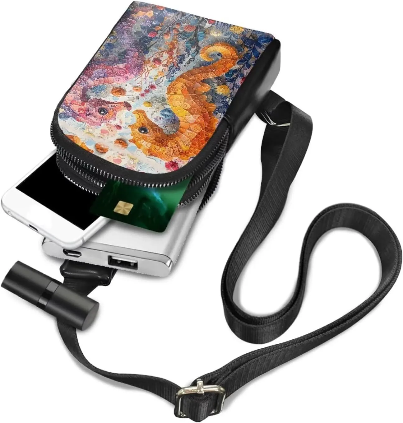 Seahorse Painting Sling Bag for Women Crossbody Bag Vegan PU Leather, Ocean Creature Painted Travel Purse Small Fanny Pack Adjustable Waist Bag