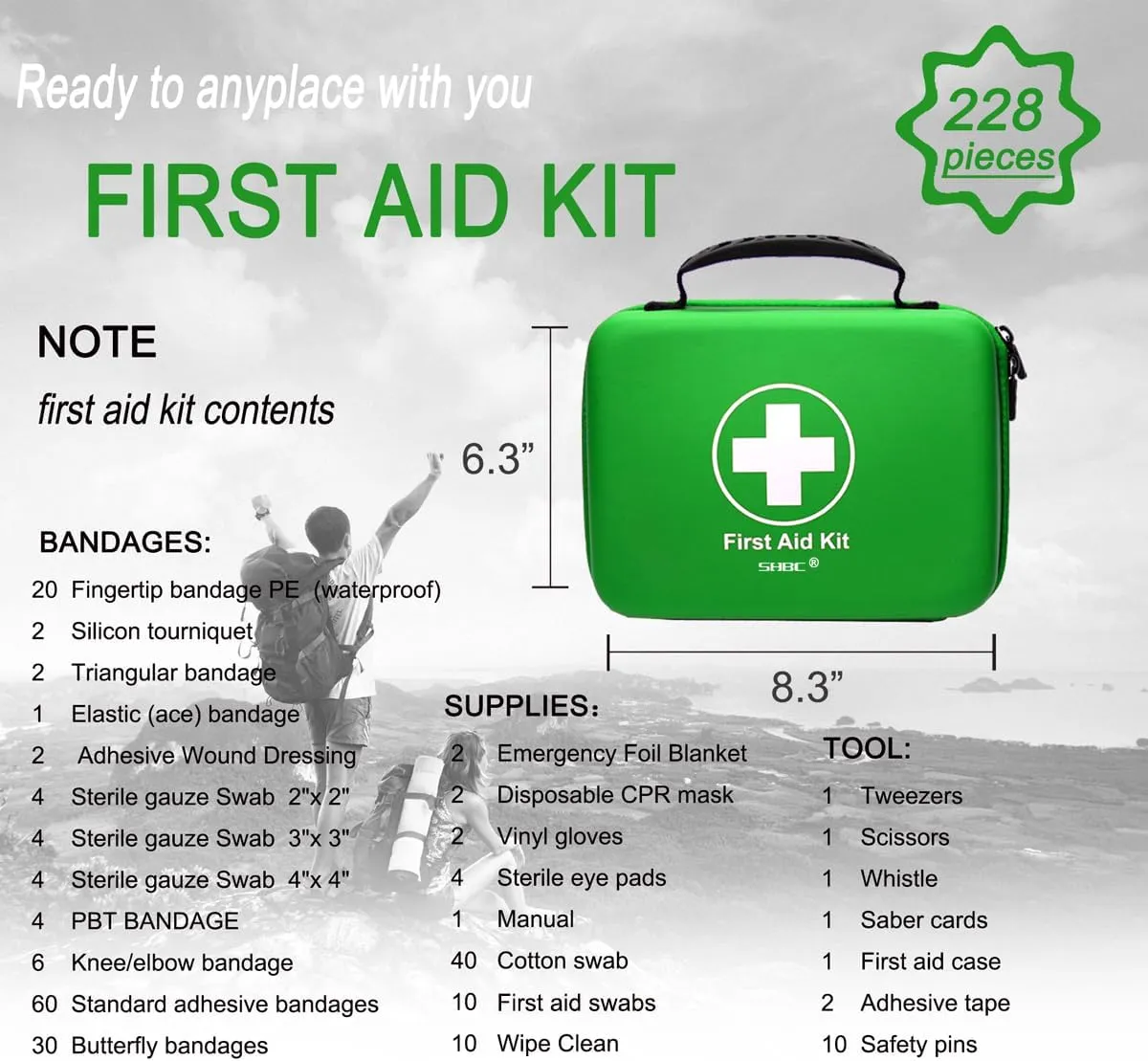 SHBC Waterproof First Aid Kit (228pcs) with All Basic or Advanced Supplies You Need. Suitable for Emergencies at Home or Outside, Travel, Home, Camping, Green