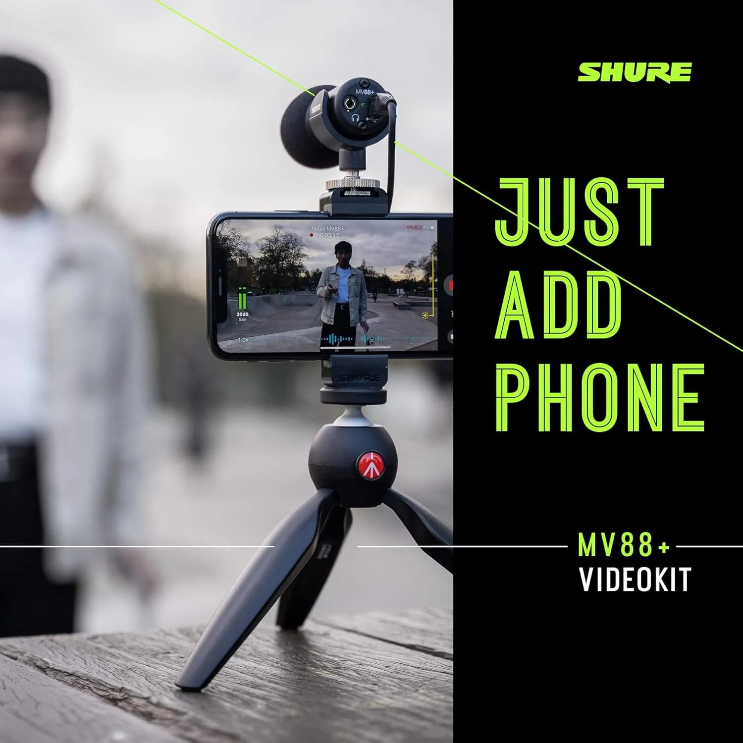 Shure MV88  Video Kit - Digital Stereo Condenser Microphone for Apple and Android, with Manfrotto PIXI Tripod, Phone Clamp, Mount, iOS and USB-C Cables for Next-Level Compatibility and Connectivity