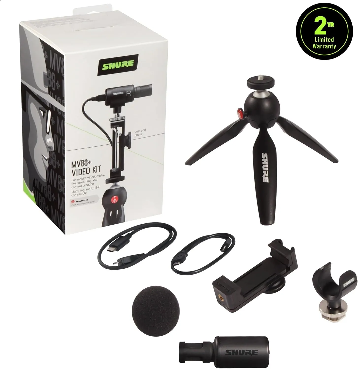 Shure MV88  Video Kit - Digital Stereo Condenser Microphone for Apple and Android, with Manfrotto PIXI Tripod, Phone Clamp, Mount, iOS and USB-C Cables for Next-Level Compatibility and Connectivity