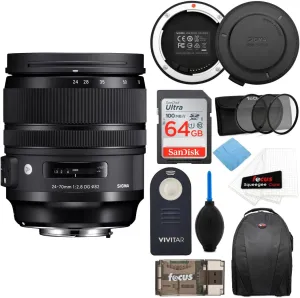 Sigma 24-70mm f/2.8 DG OS HSM Art Lens for Canon EF W/Sigma USB Dock & 64GB SD Card Advanced Photo and Travel Bundle