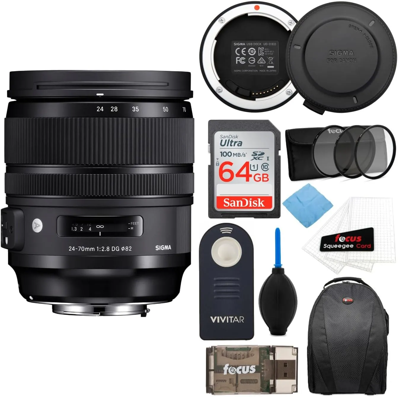 Sigma 24-70mm f/2.8 DG OS HSM Art Lens for Canon EF W/Sigma USB Dock & 64GB SD Card Advanced Photo and Travel Bundle