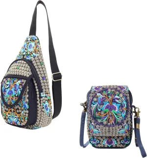 SILKAREA Embroidered Canvas Small Crossbody bags Sling Backpack Purse for Women Travel Chest Bag Crossbody Backpack Shoulder Bag