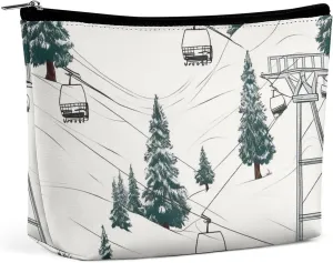 Ski Lift With Fir Tree PU Leather Travel Makeup Bag Mini Pocket Cosmetic Bag for Women Portable Handbag Closure Organizer Makeup Case Toiletry Bag