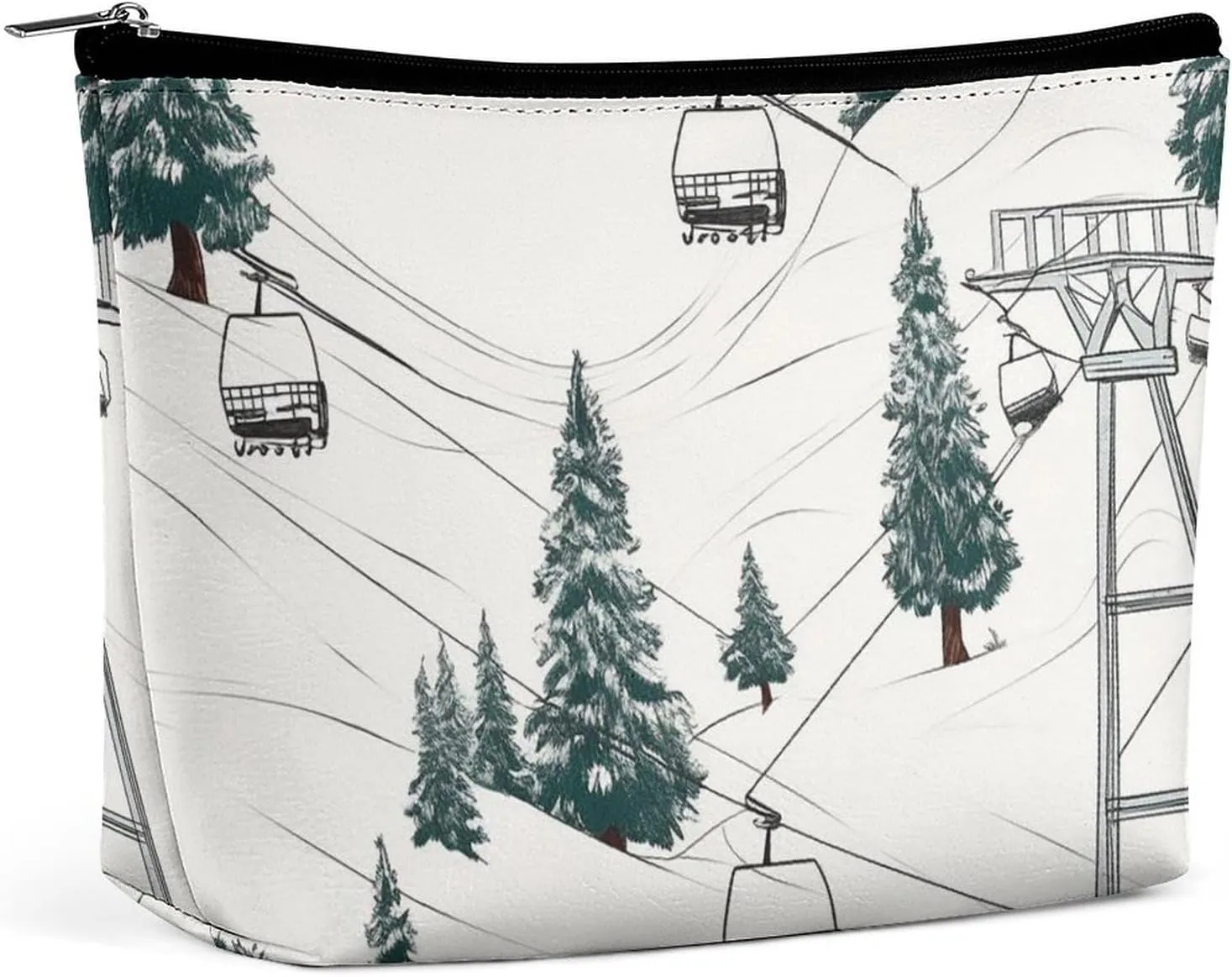 Ski Lift With Fir Tree PU Leather Travel Makeup Bag Mini Pocket Cosmetic Bag for Women Portable Handbag Closure Organizer Makeup Case Toiletry Bag