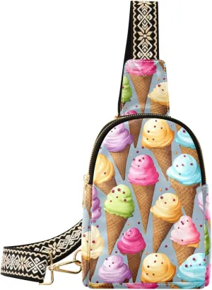 Sling Bag for Women Colorful Ice Cream Cone Pattern Crossbody Bag Small Chest Bag Shoulder Bag Cell Phone Purse for Casual Travel Hiking Running Sports