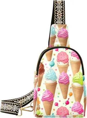 Sling Bag for Women Cute Colorful Ice Cream Cone Pattern Crossbody Bag Small Chest Bag Shoulder Bag Cell Phone Purse for Casual Travel Hiking Running Sports