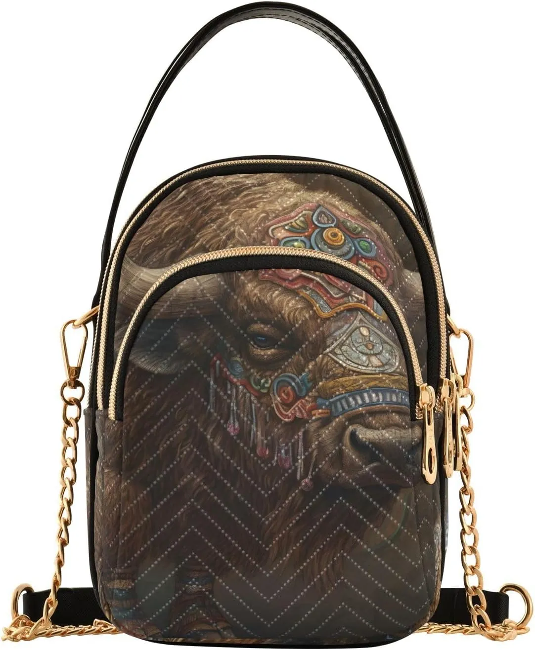 Sling Bag for Women-Tribal Bison Print, Fashion Shoulder Bag Crossbody Bag Purse with Chain Strap Top handle 5.91×3.15×8.27 Inches