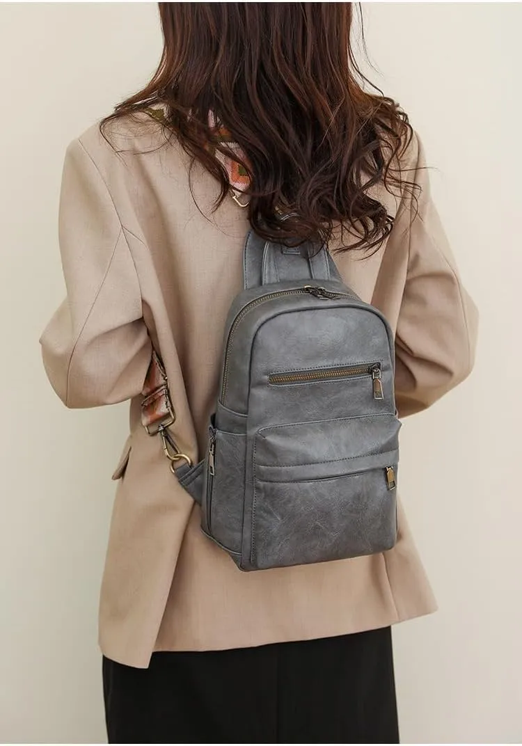 Sling Bag with 2 Guitar Strap for Women Vintage Pu Leather Chest Bag Casual Crossbody Shoulder Daypack for Hiking (grey)
