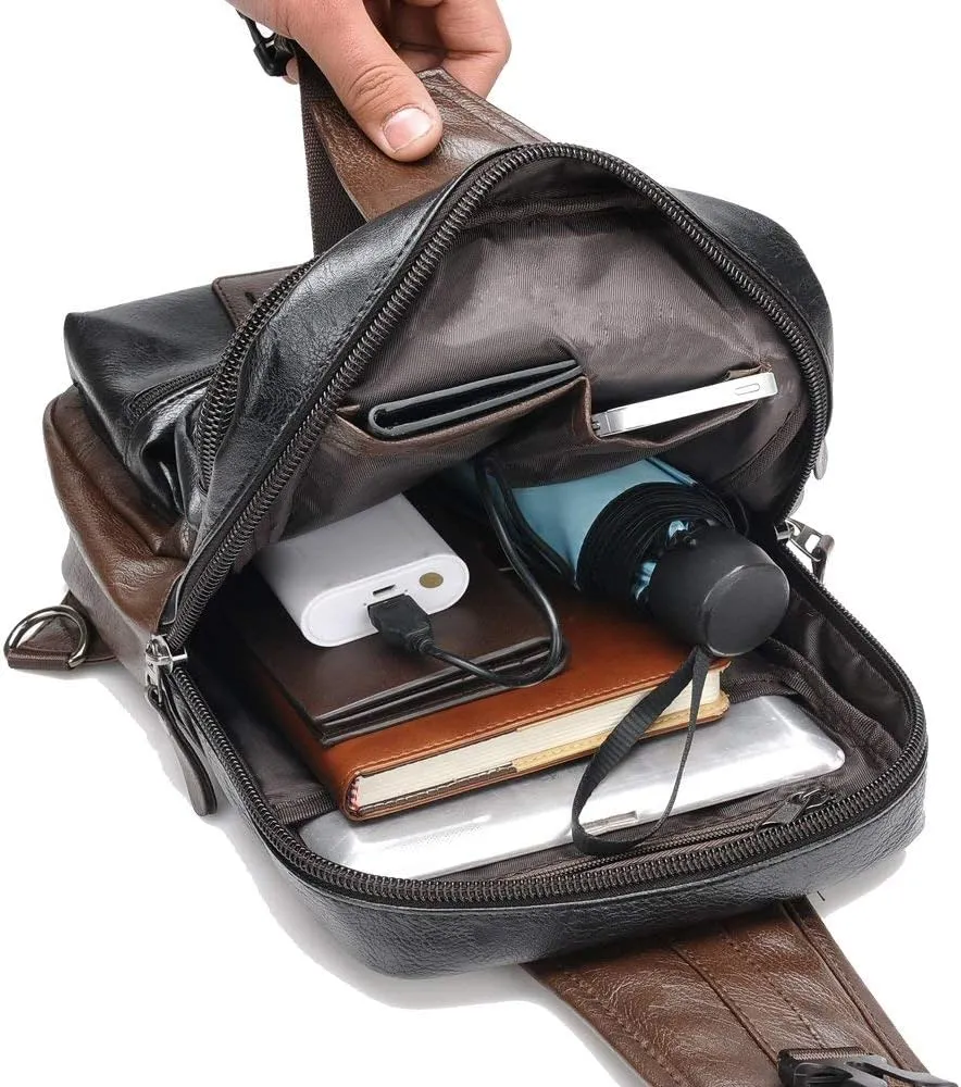 Small Black Sling Crossbody Backpack Shoulder Bag for Men Women Vintage PU Leather Sling Backpack Cycling