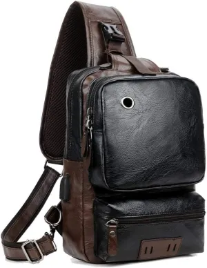 Small Black Sling Crossbody Backpack Shoulder Bag for Men Women Vintage PU Leather Sling Backpack Cycling