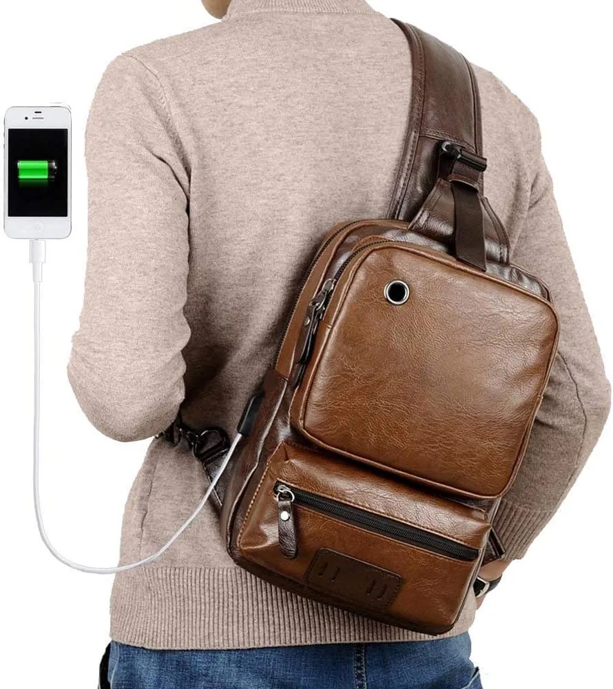 Small Black Sling Crossbody Backpack Shoulder Bag for Men Women Vintage PU Leather Sling Backpack Cycling