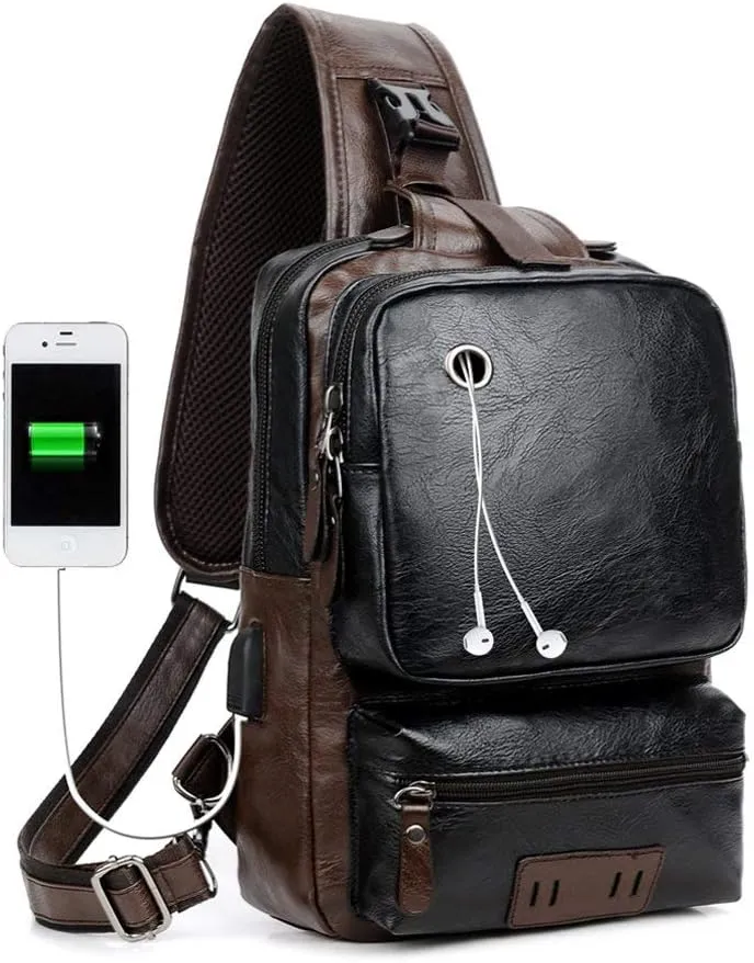 Small Black Sling Crossbody Backpack Shoulder Bag for Men Women Vintage PU Leather Sling Backpack Cycling