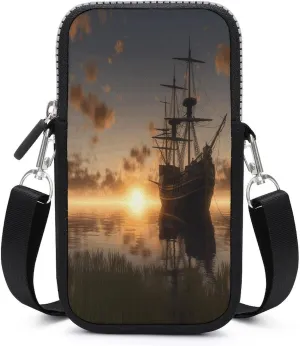 Small Crossbody Bags for Women,Ship in The Lake Sunset Print Mobile Phone Bag,Trendy Cross Body Cell Phone Purse Shoulder Bag