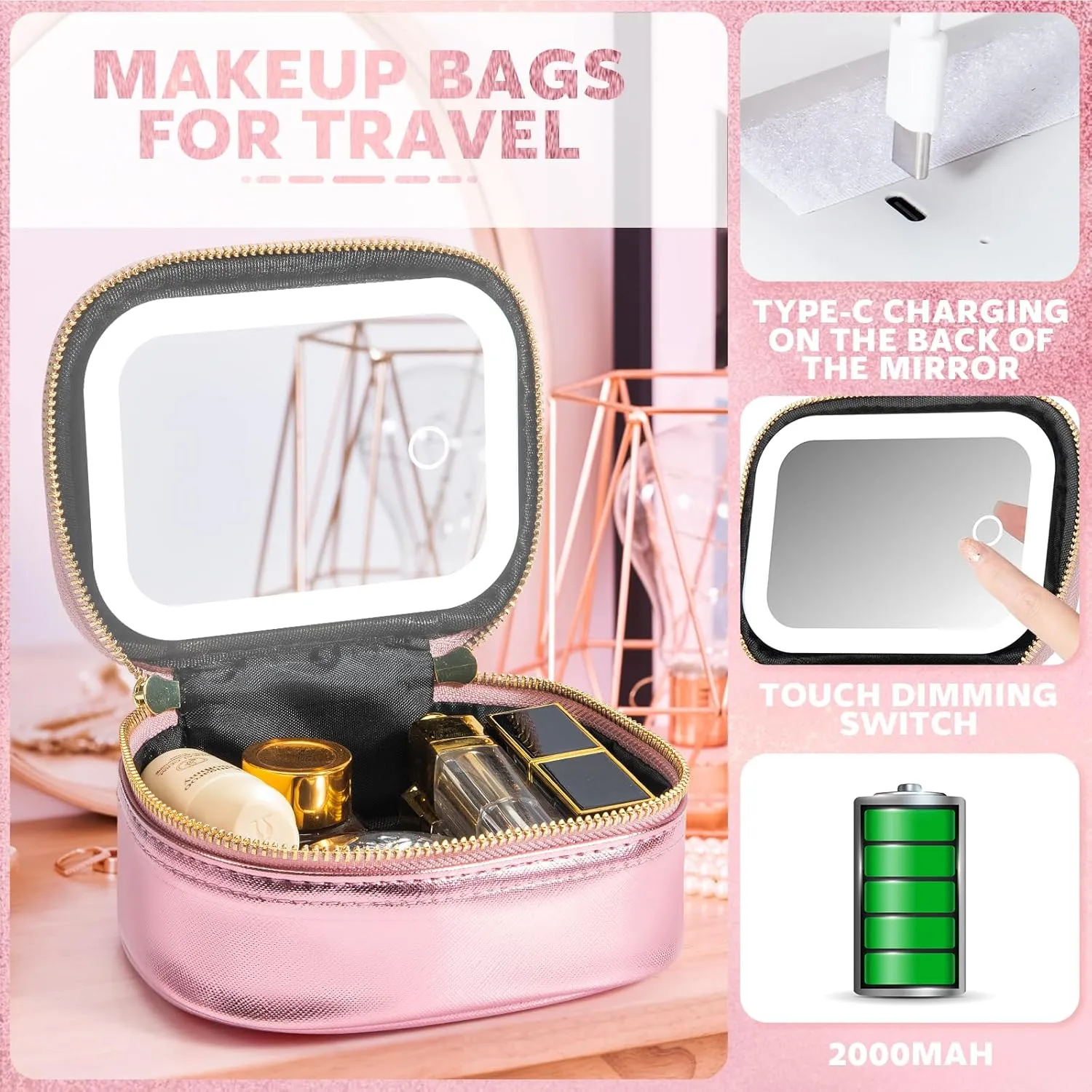 Small Makeup Bag Travel Train Case with Mirror and Light Mini Travel Makeup Train Case Cosmetic Organizer 3 Adjustable Brightness Toiletry Bag Portable Artist Storage