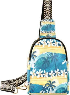 Small Sling Bag Waist Packs Leather Crossbody Packs Chest Bag Tropical Surfing with Palm Trees for Women Travel Belt Purse