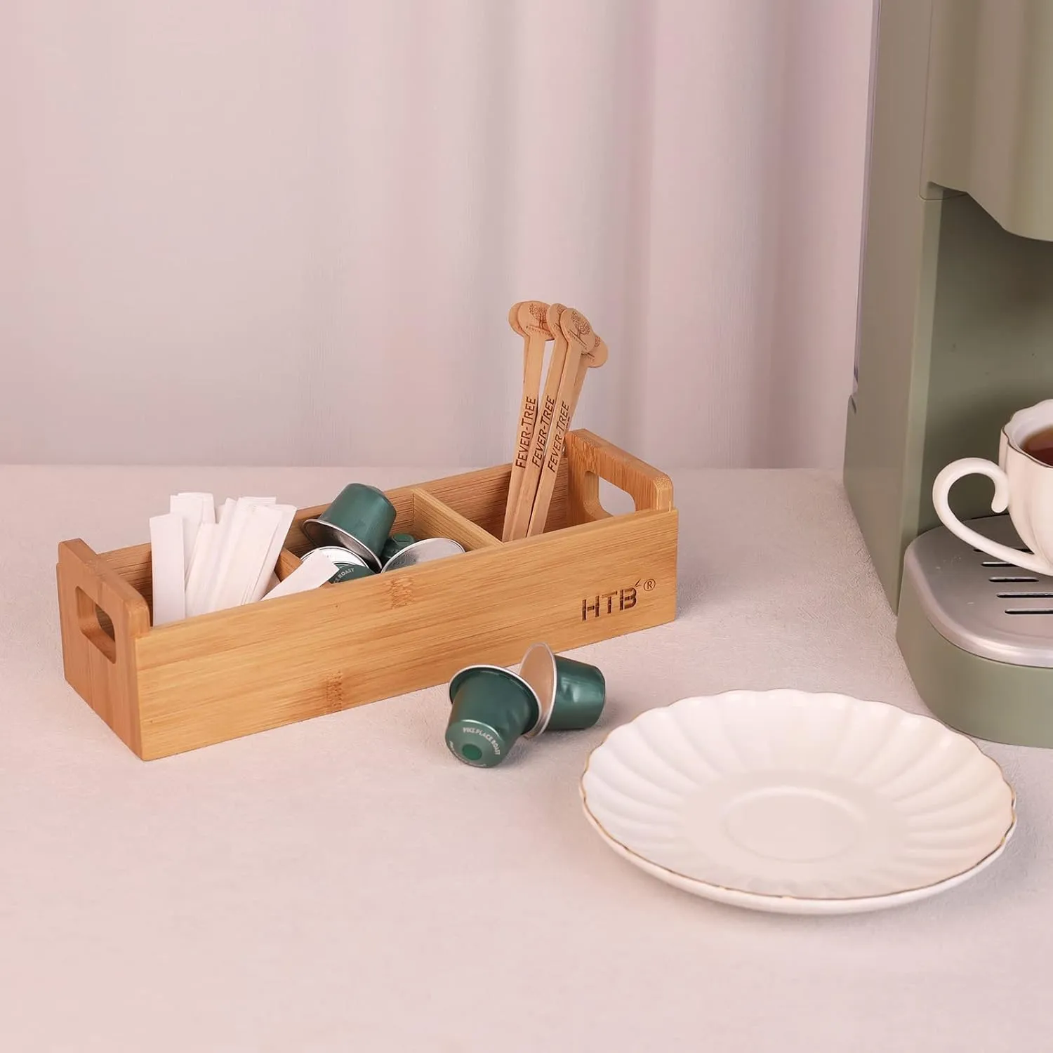 Small Tea Bag Holder Pack of 2 by HTB, Bamboo Tea Organizer 3 Compartments for Beverage Suppliers, Sweeteners, Individual Packets, Portable Tea Bag Organizer for Home Kitchen Counter or Office