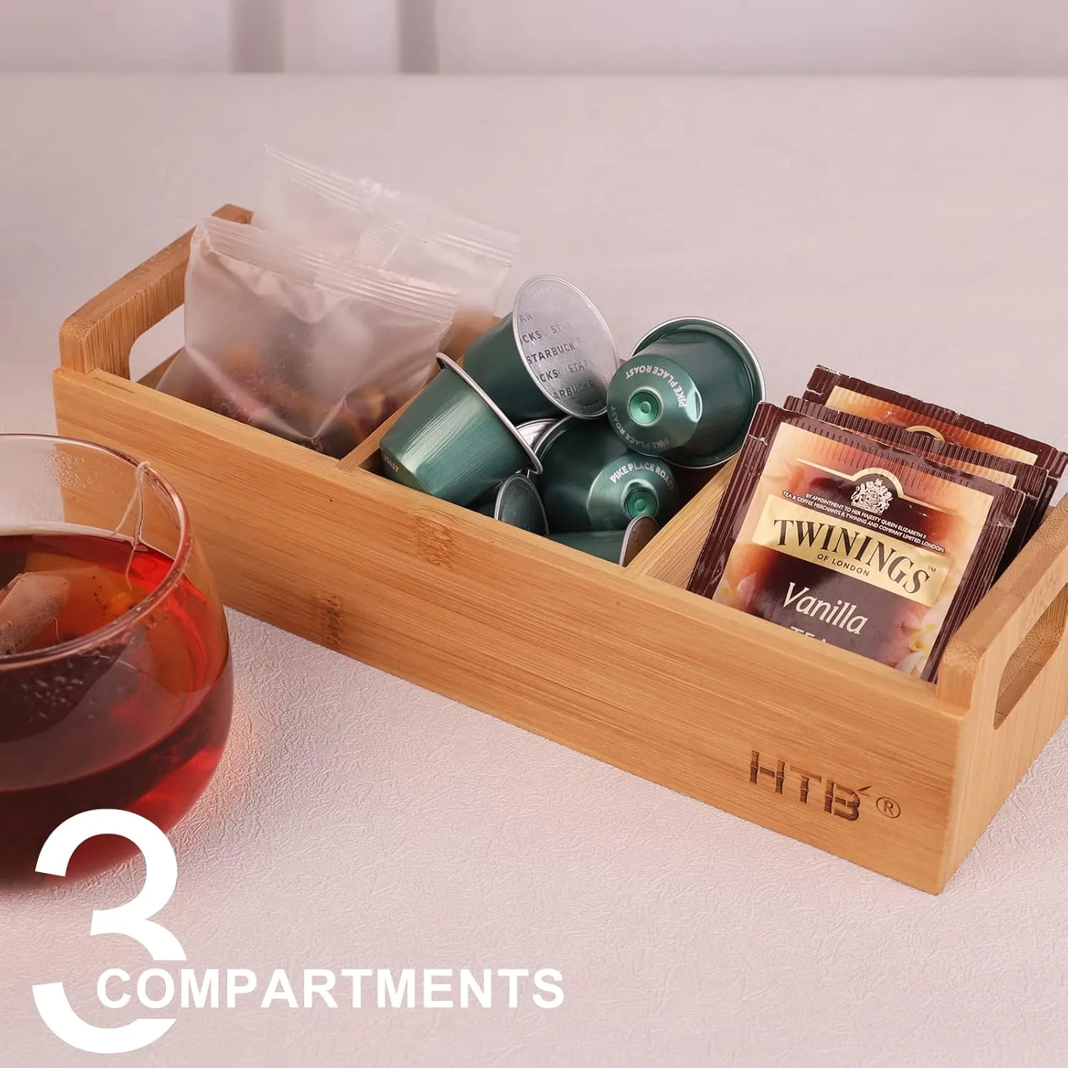 Small Tea Bag Holder Pack of 2 by HTB, Bamboo Tea Organizer 3 Compartments for Beverage Suppliers, Sweeteners, Individual Packets, Portable Tea Bag Organizer for Home Kitchen Counter or Office