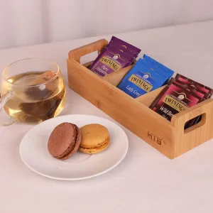 Small Tea Bag Holder Pack of 2 by HTB, Bamboo Tea Organizer 3 Compartments for Beverage Suppliers, Sweeteners, Individual Packets, Portable Tea Bag Organizer for Home Kitchen Counter or Office