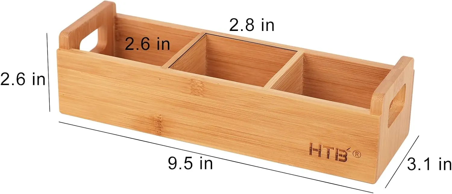 Small Tea Bag Holder Pack of 2 by HTB, Bamboo Tea Organizer 3 Compartments for Beverage Suppliers, Sweeteners, Individual Packets, Portable Tea Bag Organizer for Home Kitchen Counter or Office