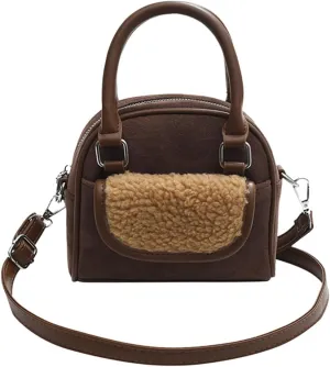 Small Velvet Handbag for Women - Lamb Wool Shoulder Tote, Soft Plush Vintage Crossbody, Fluffy Messenger