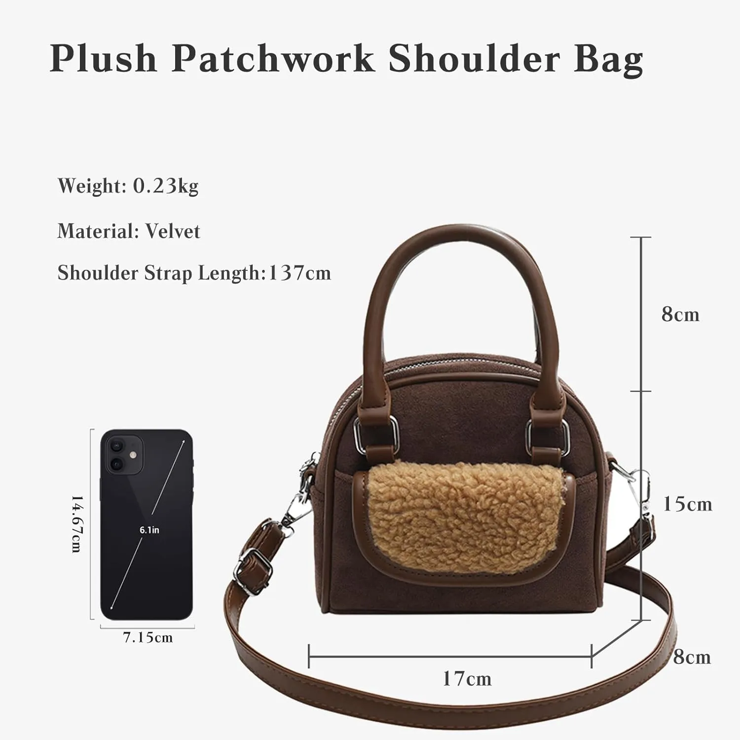 Small Velvet Handbag for Women - Lamb Wool Shoulder Tote, Soft Plush Vintage Crossbody, Fluffy Messenger