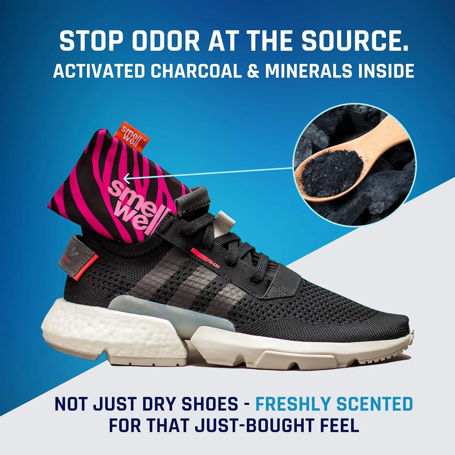SmellWell - Scented Shoe Deodorizer Inserts - Odor Eliminators - Activated Bamboo Charcoal   Minerals - Natural Fresheners for shoes, bags, gloves - 2 x 1.8oz Original Size Black Zebra