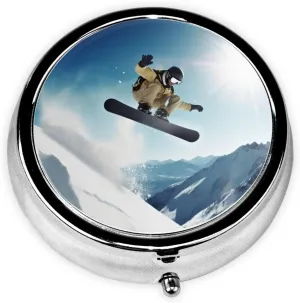 Snowboarding Pill Box Round Pill Case for Pocket Purse 3 Compartment Medicine Pill Organizer Cute Portable Travel Pillbox Vitamin Cod Liver Oil Storage Box Unique Gift Organizer