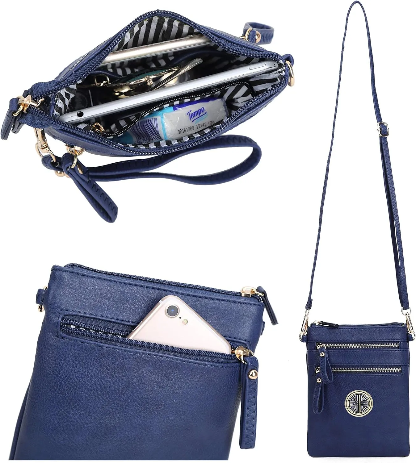 Solene Women's Faux Leather Organizer Multi Zipper Pockets With Detachable Wristlet Crossbody Bag