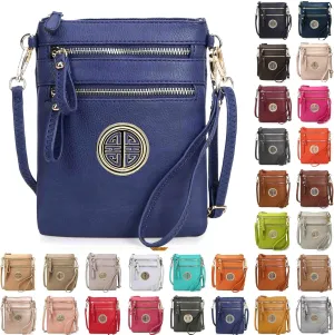 Solene Women's Faux Leather Organizer Multi Zipper Pockets With Detachable Wristlet Crossbody Bag
