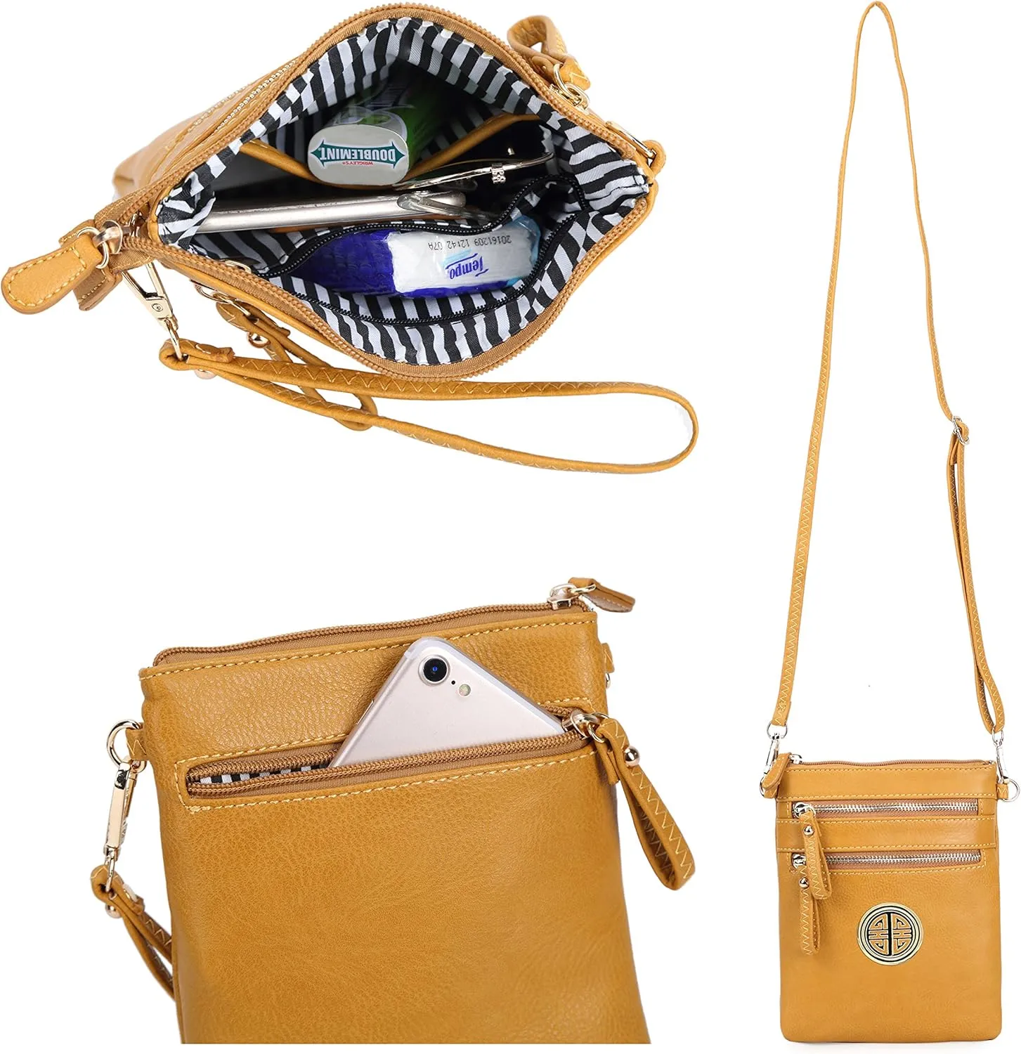 Solene Women's Faux Leather Organizer Multi Zipper Pockets With Detachable Wristlet Crossbody Bag
