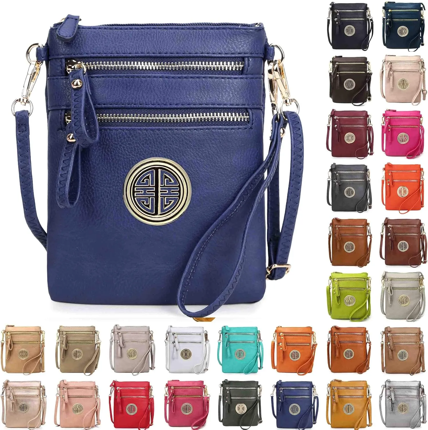 Solene Women's Faux Leather Organizer Multi Zipper Pockets With Detachable Wristlet Crossbody Bag