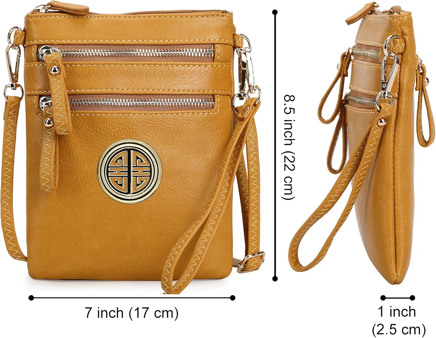 Solene Women's Faux Leather Organizer Multi Zipper Pockets With Detachable Wristlet Crossbody Bag
