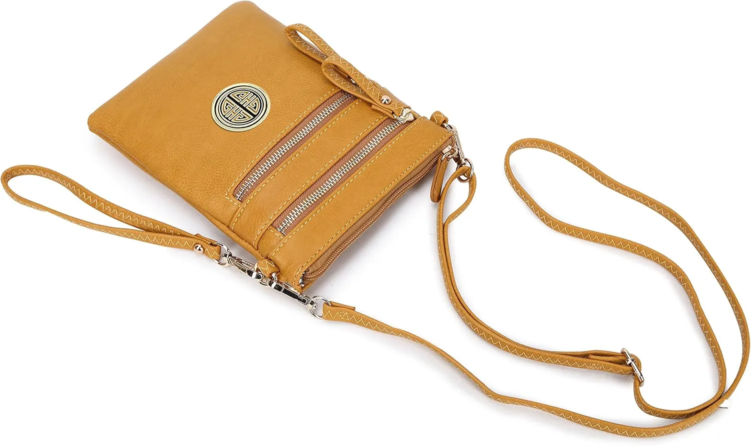 Solene Women's Faux Leather Organizer Multi Zipper Pockets With Detachable Wristlet Crossbody Bag