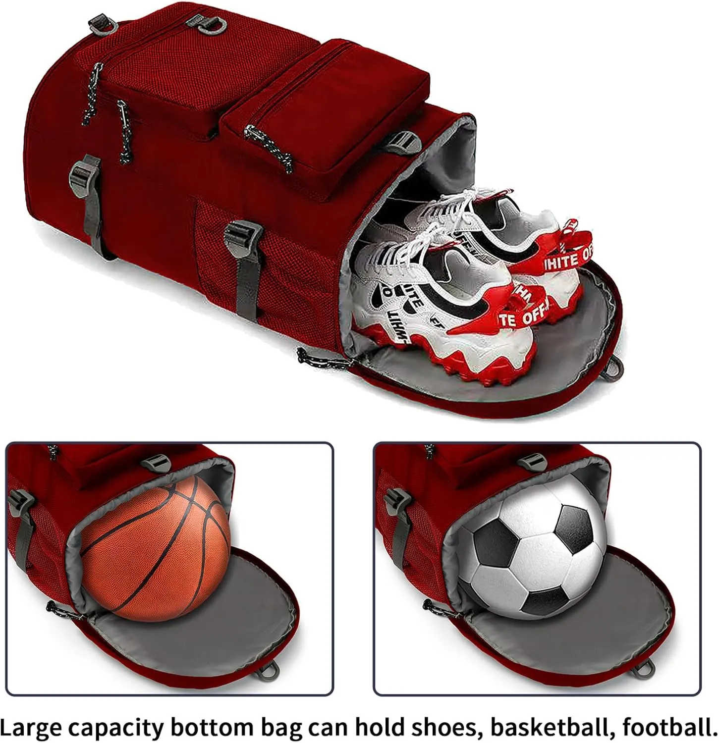 Solid color gym duffel bag backpack, wrestling bag,with shoe compartment, 4 kinds of back method waterproof travel sports walking laptop Lightweight (B-Magenta Red)