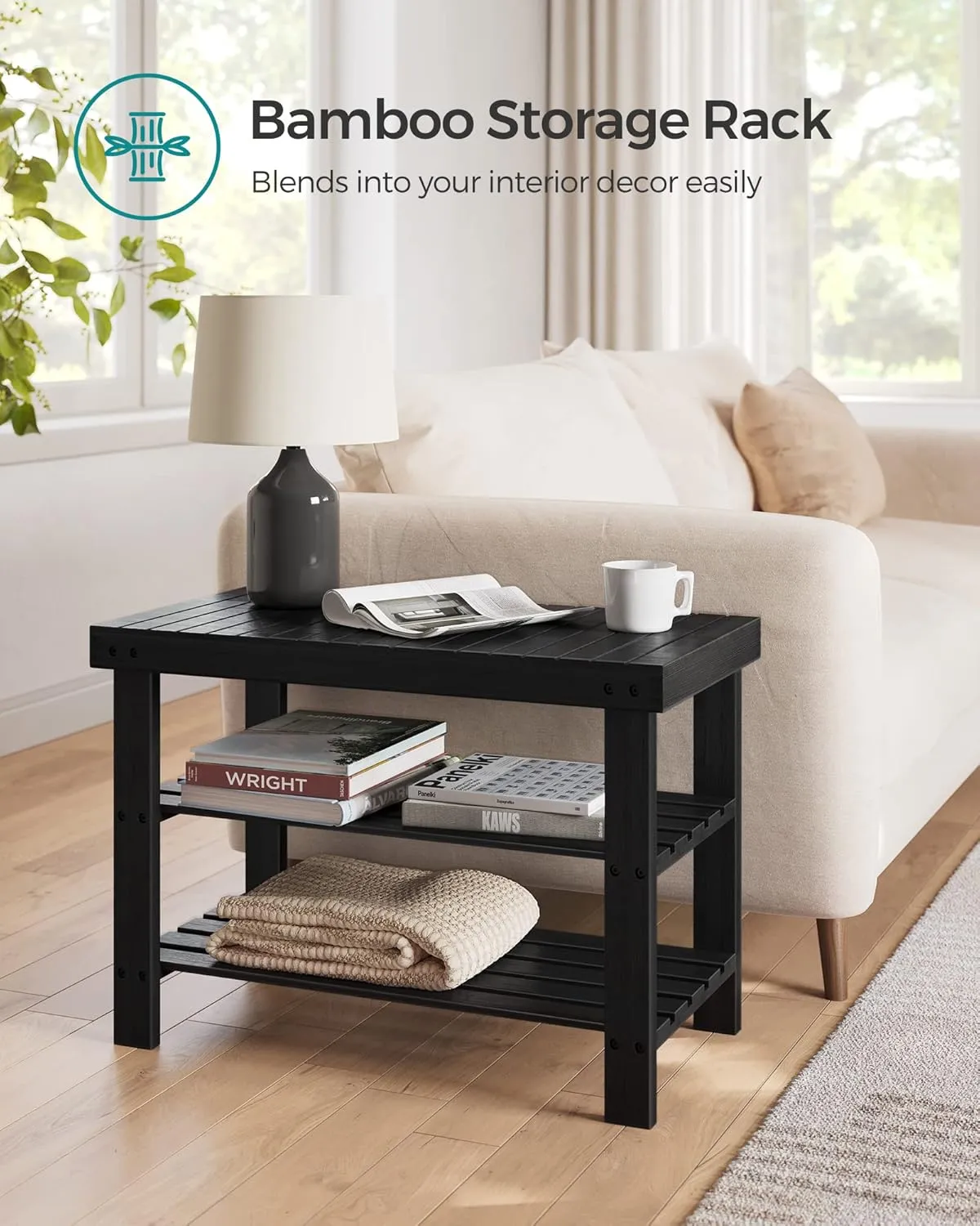 SONGMICS Shoe Rack Bench, 3-Tier Bamboo Shoe Storage Organizer, Entryway Bench, Holds Up to 286 lb, 11.3 x 27.6 x 17.8 Inches, for Entryway Bathroom Bedroom, Black ULBS04H