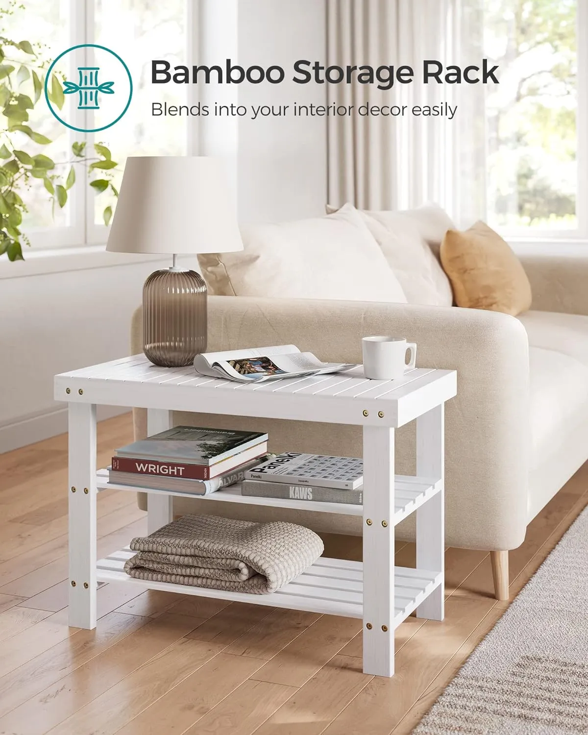 SONGMICS Shoe Rack Bench, 3-Tier Bamboo Shoe Storage Organizer, Entryway Bench, Holds Up to 286 lb, 11.3 x 27.6 x 17.8 Inches, for Entryway Bathroom Bedroom, Cloud White ULBS004W01