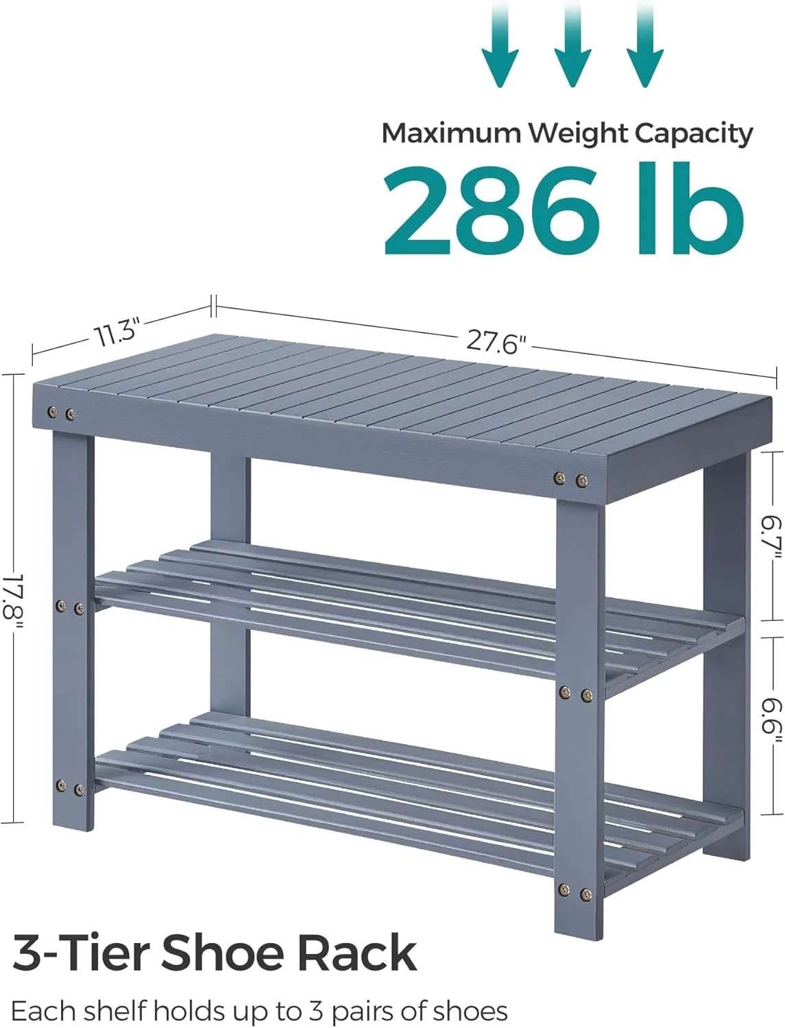 SONGMICS Shoe Rack Bench, 3-Tier Bamboo Shoe Storage Organizer, Entryway Bench, Holds Up to 286 lb, 11.3 x 27.6 x 17.8 Inches, for Entryway Bathroom Bedroom, Grey ULBS04GY