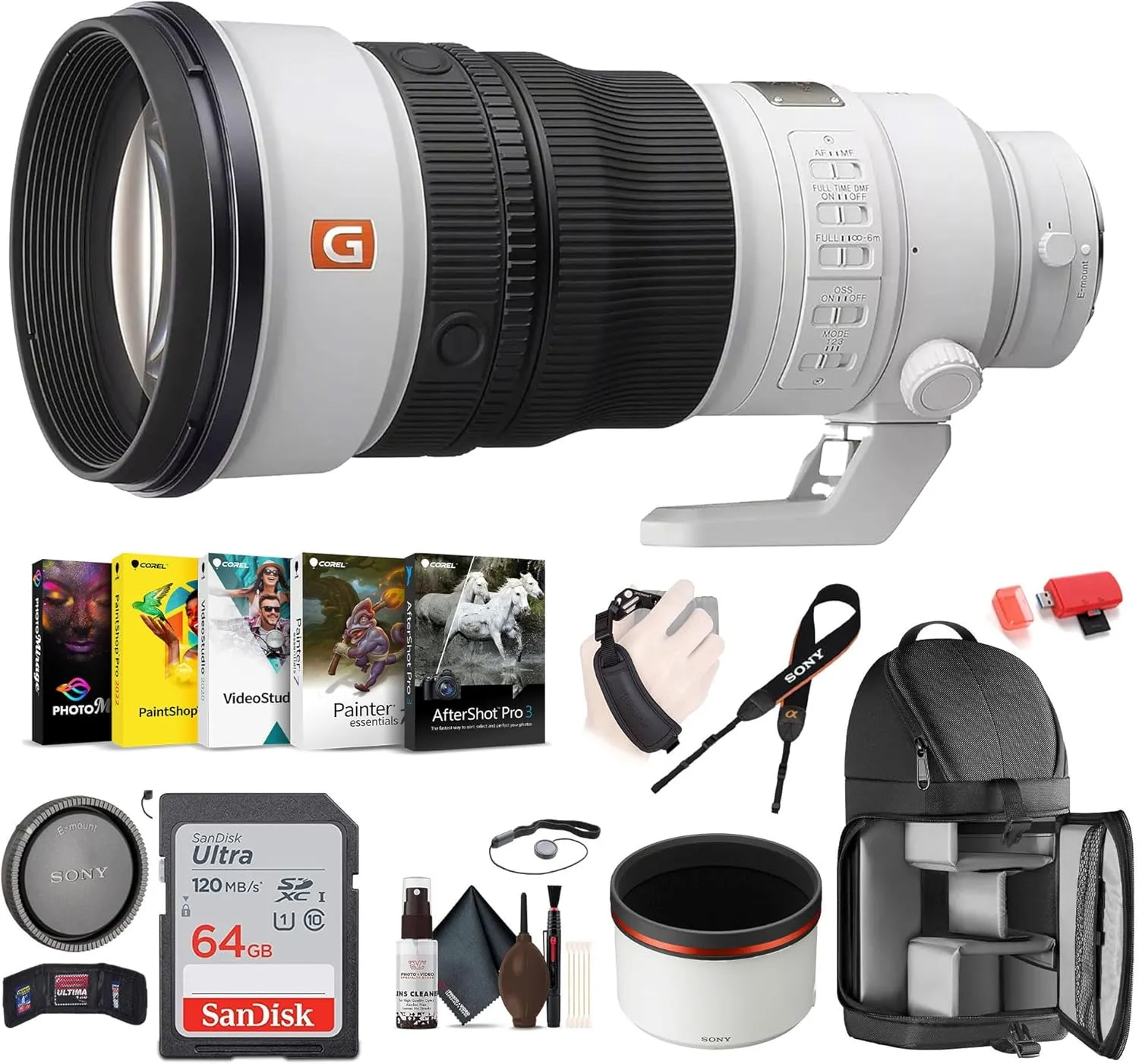 Sony FE 300mm f/2.8 GM OSS Lens (Sony E) (SEL300F28GM)   Sling Backpack   Photo Software   64GB Memory Card   Cleaning Kit   Hand Strap   Card Wallet   Memory Card Reader   Lens Cap