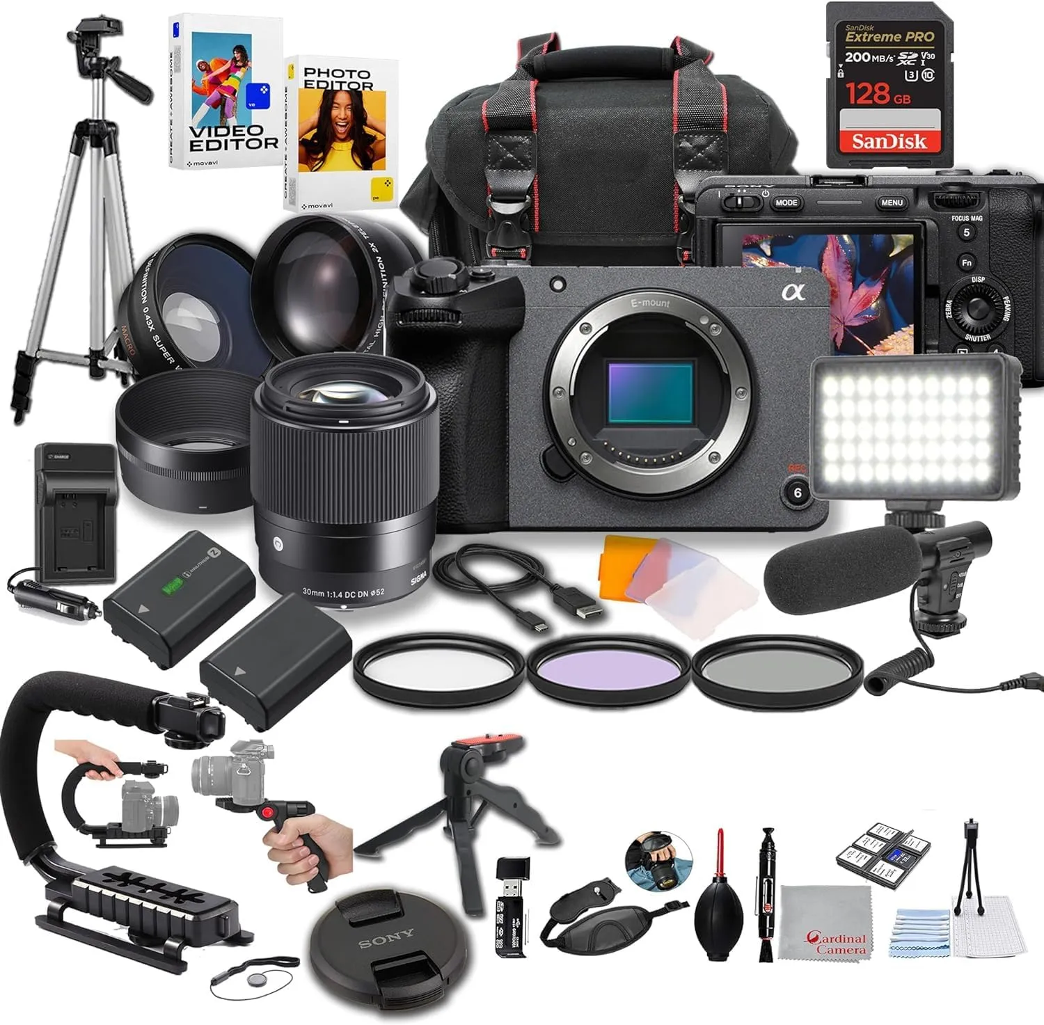 Sony FX30 Digital Cinema Camera with Sigma 30mm f/1.4 DC DN Lens, LED Light, Microphone, 128GB Extreme Speed, U-Grip, Filters, Tripod, Case, Software, & More – Pro Video Bundle (38pc), Black