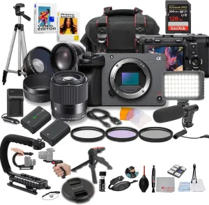 Sony FX30 Digital Cinema Camera with Sigma 30mm f/1.4 DC DN Lens, LED Light, Microphone, 128GB Extreme Speed, U-Grip, Filters, Tripod, Case, Software, & More – Pro Video Bundle (38pc), Black