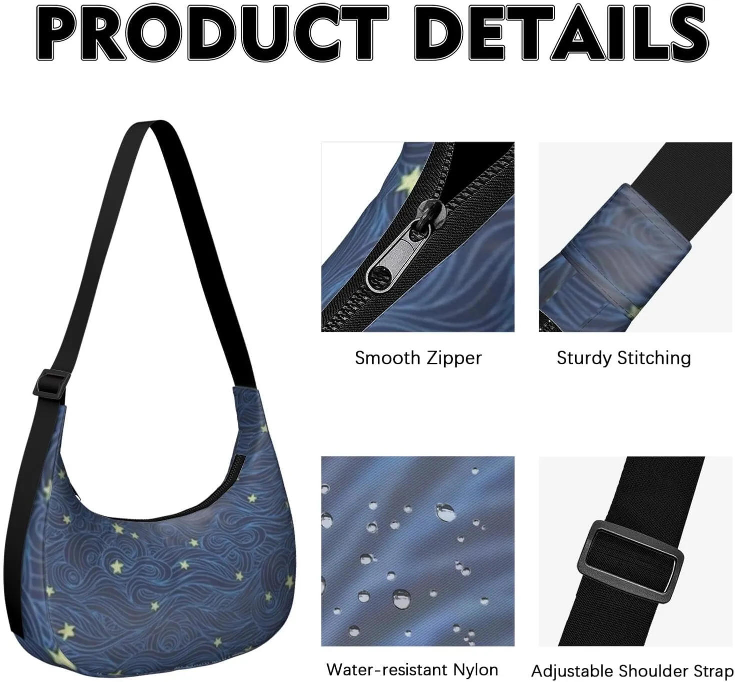 Space Sling Crossbody Bag for Women Crescent Bag with Adjustable Strap Waterproof Nylon Galaxy Shoulder Bag for Daily Work