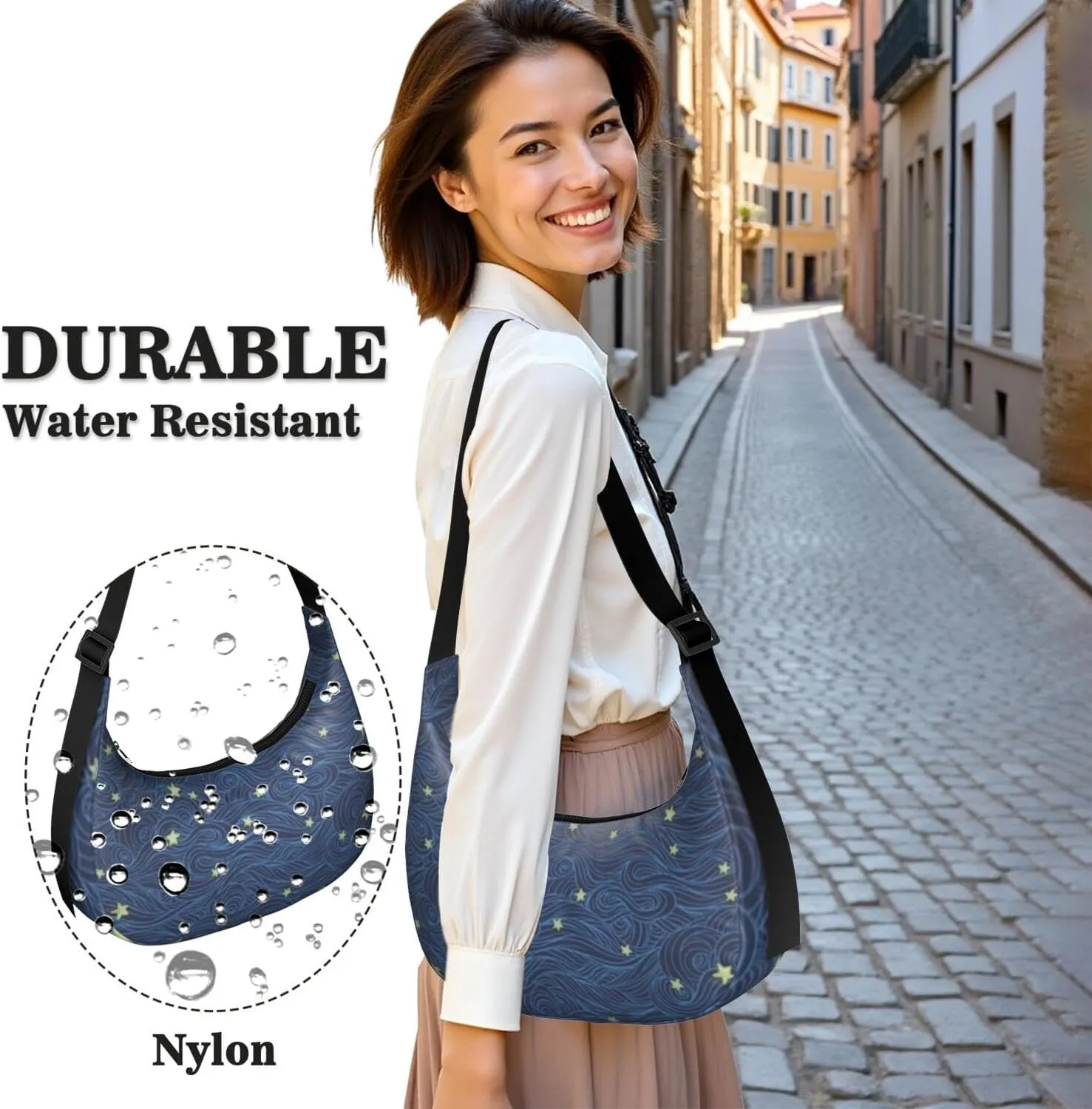 Space Sling Crossbody Bag for Women Crescent Bag with Adjustable Strap Waterproof Nylon Galaxy Shoulder Bag for Daily Work