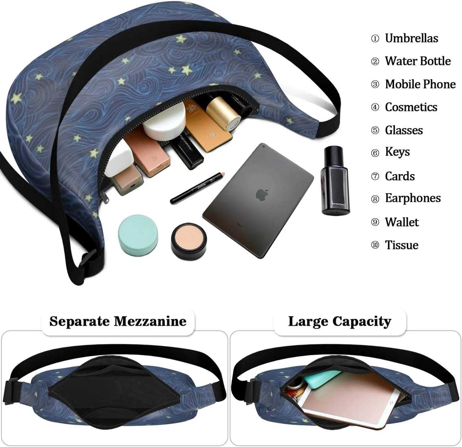 Space Sling Crossbody Bag for Women Crescent Bag with Adjustable Strap Waterproof Nylon Galaxy Shoulder Bag for Daily Work