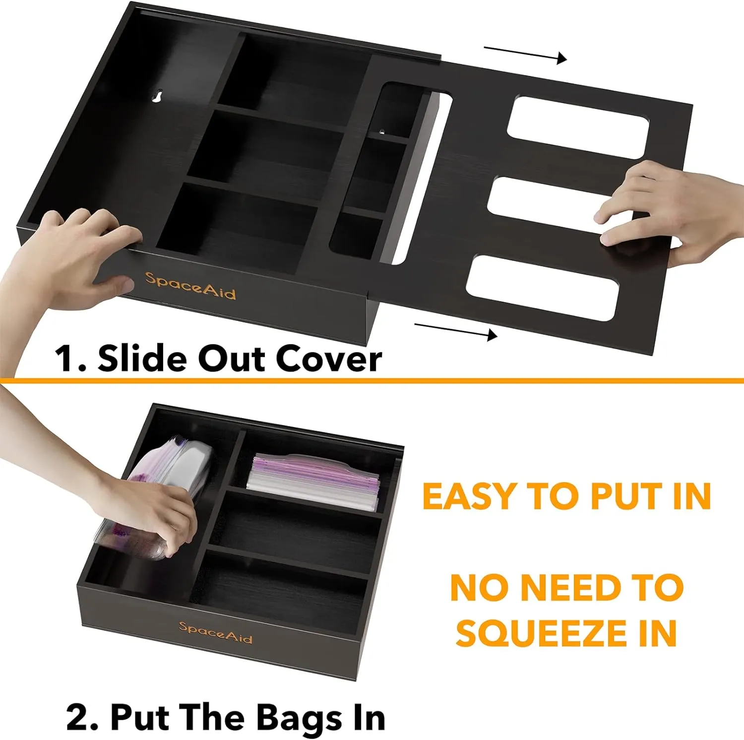 SpaceAid Bag Storage Organizer for Kitchen Drawer, Bamboo Organizer, Compatible with Gallon, Quart, Sandwich and Snack Variety Size Bag (1 Box 4 Slots), Black